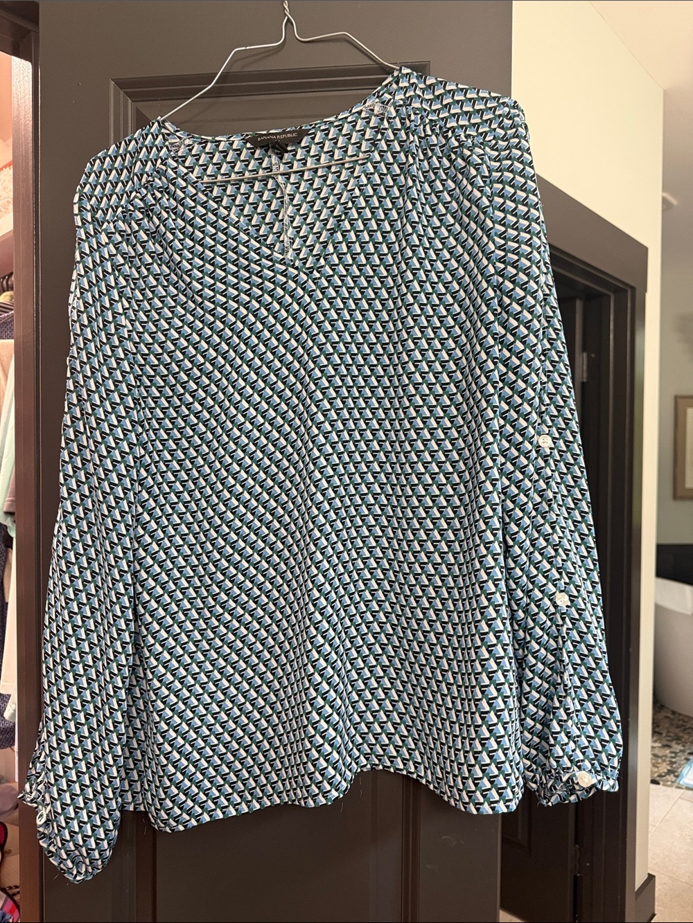 Banana Republic Geometric Print Long-Sleeve Blouse in Teal and Black